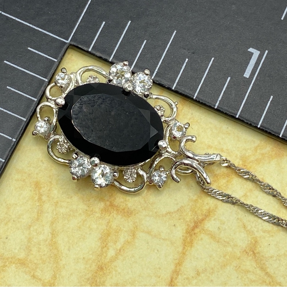 VJ Italy .925 Black Stone Pendant Filigree Rhinestones On 17' Chain - Picture 5 of 12